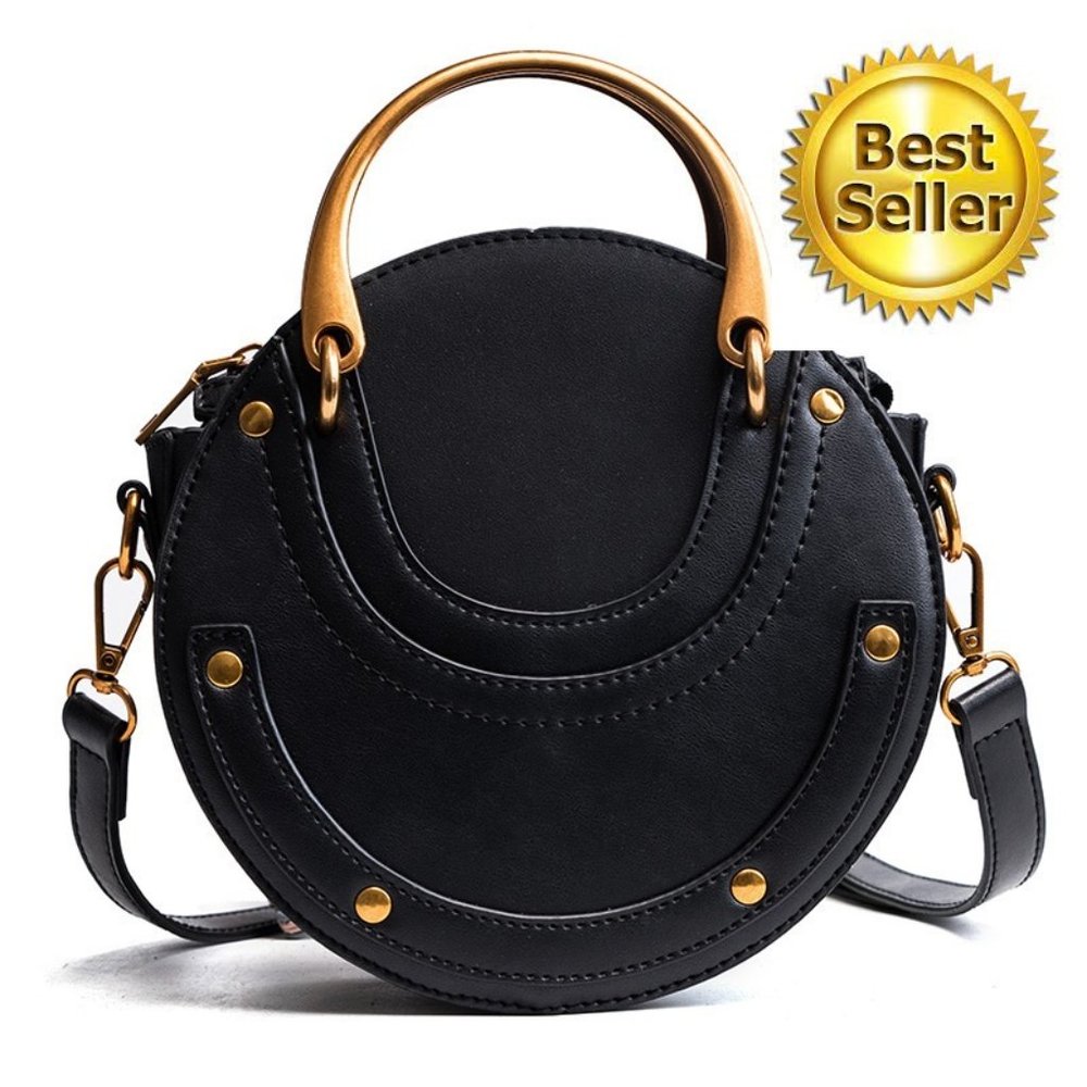 Round Leather Crossbody Bag Small Purse Womens Crossbody Bag - Black - Picture 3 of 12